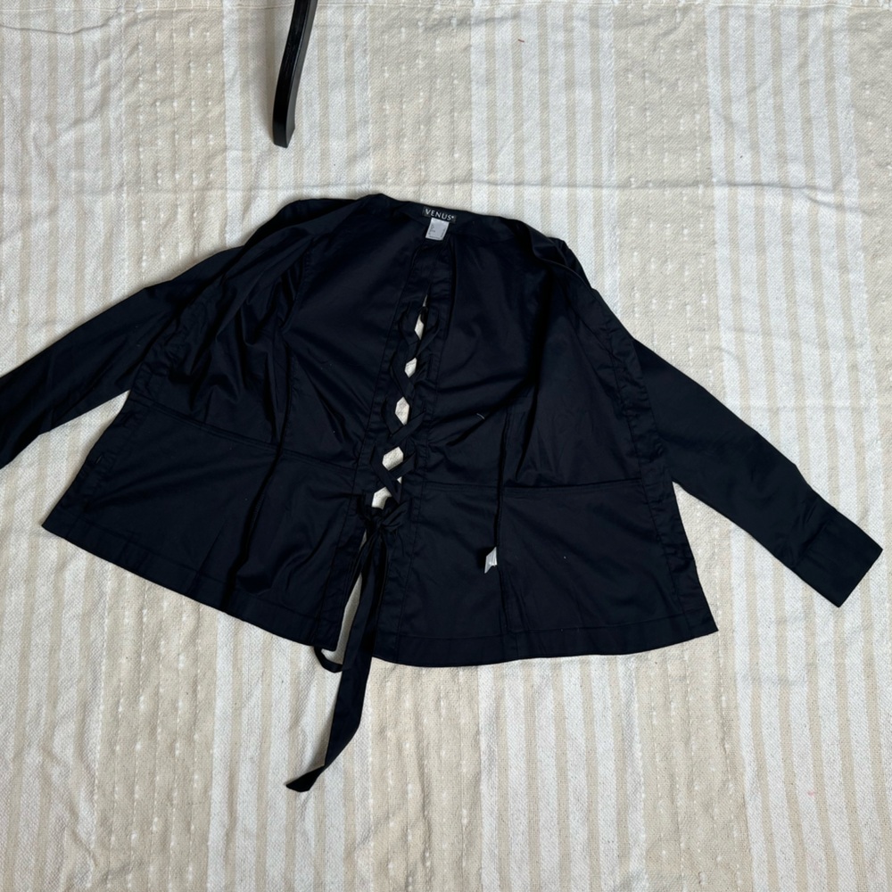 Venus black tie back pearl button down blouse - Picture 6 of 14